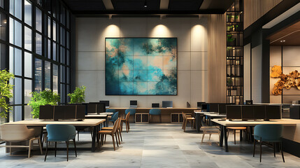 Aufkleber - modern office coworking space interior with desks computers and large window mockup wall design