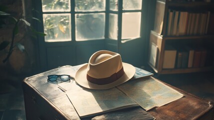 Aufkleber - A travel hat sits atop an open suitcase surrounded by maps and travel guides, evoking a sense of wanderlust and adventure. Generative AI
