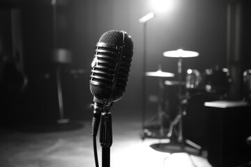 Vintage microphone standing on stage, ready for the show with drum kit in background