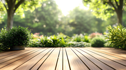 Aufkleber - serene backyard patio with wooden floor and natural greenery background 3d illustration