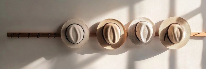 Aufkleber - A collection of stylish fedora hats hangs neatly on a wooden rack, basking in the warm afternoon light of a charming room. Generative AI