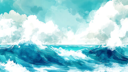 Aufkleber - serene ocean waves abstract watercolor illustration in shades of blue teal and turquoise