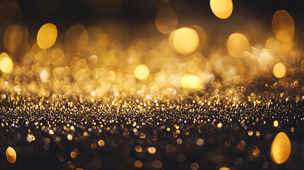 Poster - sparkling gold star dust confetti bokeh on black background abstract glittering texture illustration