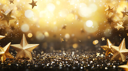 Poster - sparkling gold star dust confetti bokeh on black background abstract glittering texture illustration