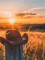 Poster - A cowboy hat sits on an old wooden fence post as the sun sets, casting warm light over the grassy fields beyond. Generative AI