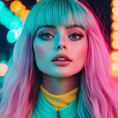 Close-up portrait of a young woman with blue eyes and pink and blue hair against a blurred background of colorful lights.