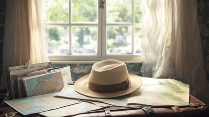 Poster - A stylish travel hat sits atop an open suitcase, with colorful maps and guides arranged around it, ready for exploration. Generative AI