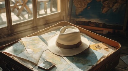 Aufkleber - A travel hat lies atop an open suitcase filled with maps and guides, evoking a sense of wanderlust and adventure in a cozy setting. Generative AI