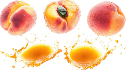 Poster - juicy peaches splashing vibrant juice on a clear backdrop generative ai