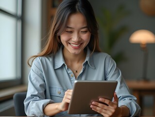 Wall Mural - Smiling asian young woman scrolling on the internet looking for new marketing ideas on a tablet and looking at camera. One female business woman searching the internet for creative advertising