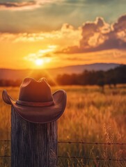 Poster - The sunlight casts warm hues over the horizon, illuminating a cowboy hat placed on a weathered wooden fence post. Generative AI