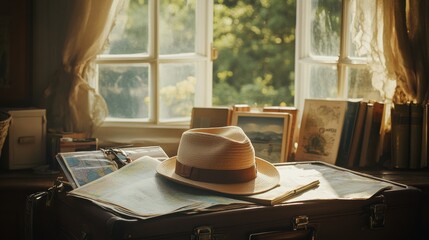 Fototapete - A travel hat is placed on an open suitcase filled with maps and travel guides, evoking the excitement of planning a journey. Generative AI
