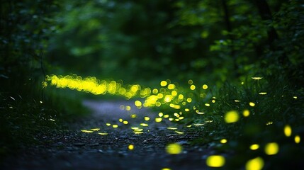 Wall Mural -   A path in the middle of a forest illuminated by yellow lights, surrounded by trees