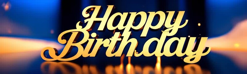 Luxury Happy Birthday text in metallic gold script against a deep blue background with warm light reflections, Website banner