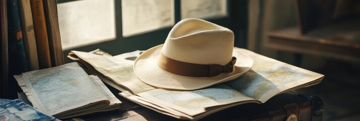 Poster - A stylish travel hat sits on an open suitcase, with maps and guides spread around, suggesting a planned adventure or trip. Generative AI