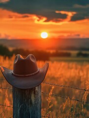 Poster - The cowboy hat rests on a weathered fence post, framed by a stunning sunset casting golden hues over endless fields. Generative AI