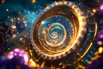 Poster - Dazzling spirals of golden light twist and turn through a vibrant cosmic expanse, illustrating time's enchanting dance