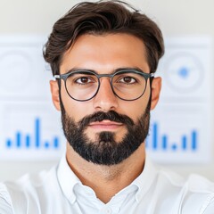 Confident businessman with beard wearing glasses and looking at camera.