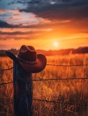 Poster - The rustic cowboy hat rests on a wooden post, silhouetted against a vibrant sunset, highlighting the beauty of the countryside. Generative AI