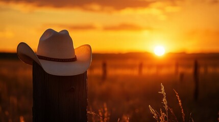 Poster - A cowboy hat sits atop a wooden fence post as the sun sets, casting a warm glow over the countryside, creating a peaceful ambiance. Generative AI