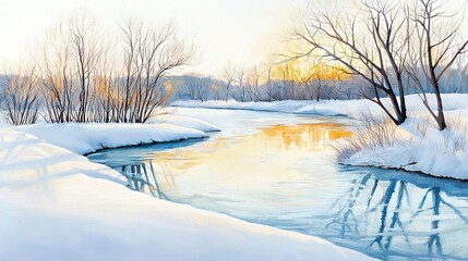 Wall Mural -   Winter landscape with river, trees, and sun reflecting on water