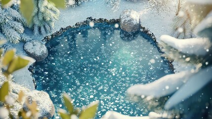 Wall Mural -   A wintery pond enveloped by snow-covered trees during a snowfall