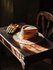 Aufkleber - An elegant vintage ladies hat rests gracefully on a wooden table, accompanied by a pair of soft gloves, creating a timeless atmosphere. Generative AI