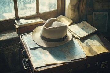 Leinwandbilder - A travel hat sits on an open suitcase, amidst scattered maps and guides, inviting exploration and adventure planning for the trip ahead. Generative AI