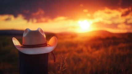 Poster - A cowboy hat is perched on a wooden fence post, silhouetted against a stunning sunset over rolling hills. Generative AI
