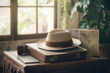 Poster - A travel hat rests on an open suitcase, with maps and travel guides scattered around in a sunlit room filled with greenery. Generative AI