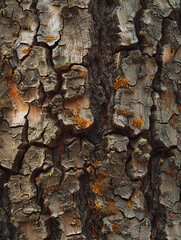 Poster - A close-up view of tree bark with a rough texture and orange lichen growing on it