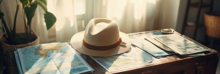 Aufkleber - A travel hat is placed on an open suitcase surrounded by maps and travel guides, capturing the excitement of planning for new adventures. Generative AI