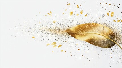 Wall Mural -   Golden leaf with gold sprinkles on white background