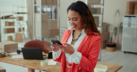 Poster - Boxes, typing and woman with smartphone, office and communication for order, ecommerce and entrepreneur. Logistics, person and checking of delivery on app, small business and distribution of stock