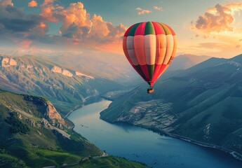 A beautiful hot air balloon is flying over the mountains, with the river below at sunrise. The background is a beautiful panoramic landscape of a mountain valley and lake. 