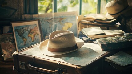 Poster - A travel hat is placed on an open suitcase, accompanied by various maps and travel guides, creating a sense of wanderlust. Generative AI