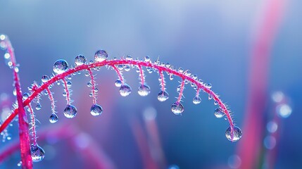 Poster - close-up image of a plant with water droplets on its leaves, set against a blue sky backdrop