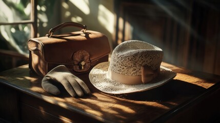 Fototapete - A vintage ladies hat is showcased on a wooden table alongside a leather handbag and lace gloves, illuminated by soft afternoon light. Generative AI