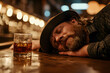 © A2Z AI  - A bearded man wearing a hat lies asleep on a wooden bar counter, with a whiskey glass beside him, evoking a scene of quiet solitude and reflection