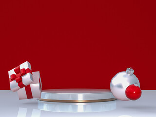 Poster - 3D background with white podium stand, festive decor and gift box, Christmas and New Year winter design for product presentation