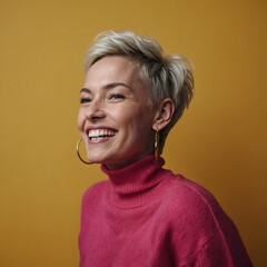 Portrait, blonde pixie haircut, radiant smile, gold hoop earrings, mustard yellow turtleneck sweater, pink background, joyful expression, natural makeup, studio lighting, vibrant colors, contemporary 