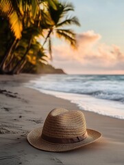 Poster - A straw hat is placed on the warm sand of a beach, with waves rolling in and palm trees swaying softly as the sun sets in the background. Generative AI