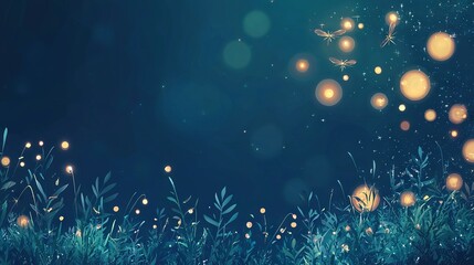 Wall Mural -   A field of grass with glowing lights in the night sky