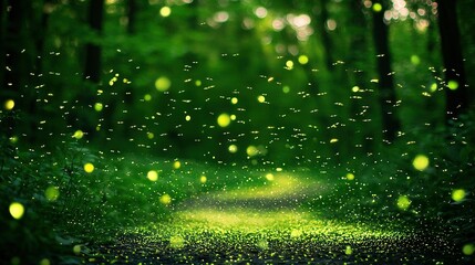 Wall Mural -   A path in a forest surrounded by fireflies