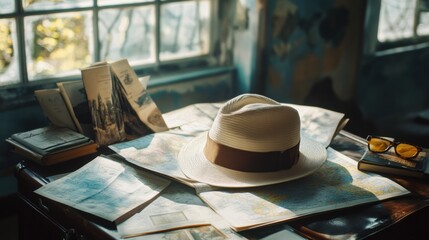 Aufkleber - A travel hat rests atop an open suitcase, surrounded by colorful maps and travel guides in an inviting corner filled with wanderlust. Generative AI
