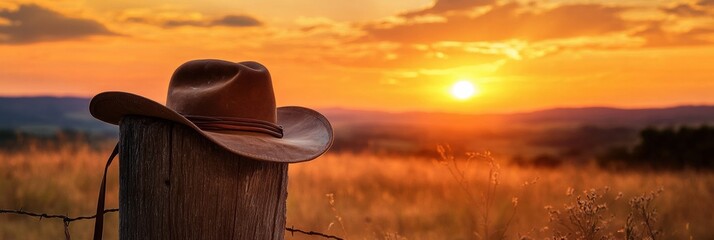 Poster - A cowboy hat sits on a rustic fence post, bathed in the warm glow of a sunset over the tranquil countryside. Generative AI