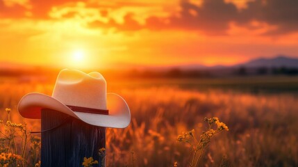 Poster - The warm sun sets behind a wooden fence post, casting a golden glow on a cowboy hat placed atop, amidst a colorful prairie backdrop. Generative AI