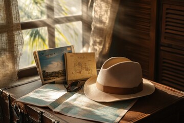 Poster - A travel hat is placed on an open suitcase, accompanied by maps and guides, evoking the spirit of exploration and adventure. Generative AI