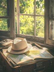 Aufkleber - A travel hat is placed on an open suitcase, surrounded by maps and travel guides beside a window with lush greenery outside. Generative AI