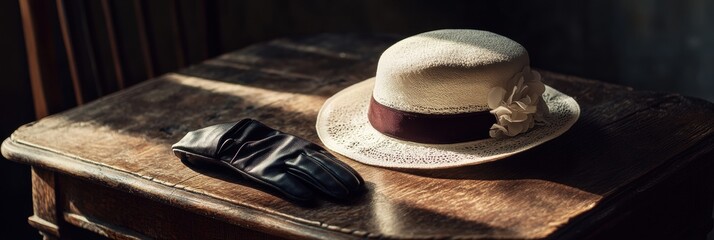 Aufkleber - An elegant vintage ladies hat lies alongside a leather glove on a rustic wooden table illuminated by soft natural light. Generative AI